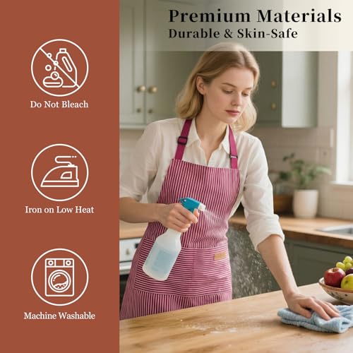 2 Pack Cooking Aprons Adjustable Bib Apron for Women with 2 Pockets (Wine Pinstripes)