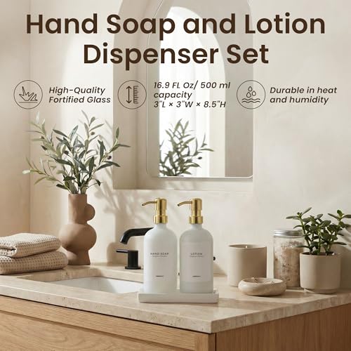Bathroom Soap Dispenser Set (White Bottles Golden Pumps White Tray)