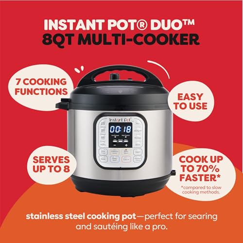 Duo 7-in-1 Electric Pressure Cooker, Slow Cooker, Rice Cooker, Steamer, Sauté, Yogurt Maker, Warmer & Sterilizer, Includes App with Over 800 Recipes, Stainless Steel, 8 Quart (8 Quarts)