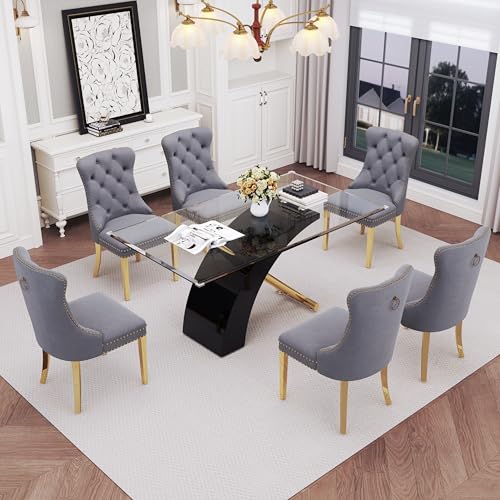 7 Piece Glass Dining Table Set for 6 (Black Table & Gold Grey Chair / 7-Piece Set-X-Shaped Table)