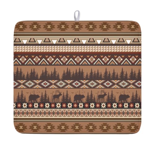 Rustic Bear Deer Dish Drying Mat Boho Ethnic Drainer Rack Pad 16x18 Inch Microfiber Absorbent Dish Sink Mat for Counter Kitchen Tableware (Rustic Bear Deer / 16x18 inch)