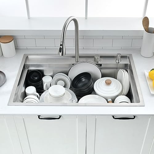 33 Inch Drop In Kitchen Sink with Faucet Combo (33"L x 22"W x 10"D / Stainless Steel （Waterfall）)