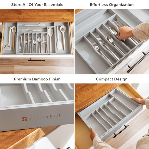 Silverware & Utensil Drawer Organizer (Gray Bamboo / From 18" to 33" Wide)