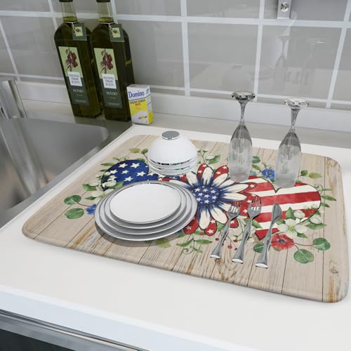 Independence Day Dish Drying Mat 18x24 inch Patriotic Love Heart Fast Dry Microfiber Dishes Drainer Rack Pad Kitchen Counter Accessories (Patriotic Floral Heart / 18" x 18")