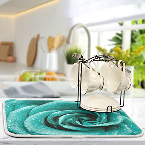 Super Absorbent Dish Drying Mat (Hipster Turquoise Rose Petals / 16" x 18")