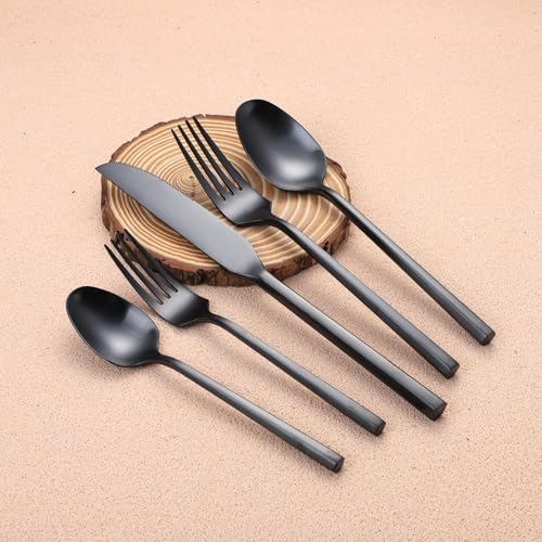 Matte Silverware Set Black Flatware Set with Hexagon Handle 20 Pieces 18 (Matte Black)