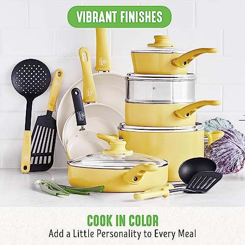 Soft Grip Healthy Ceramic Nonstick 18 Piece Kitchen Cookware Pots and Frying Sauce Saute Pans Set (18 Piece Cookware Set / Yellow)
