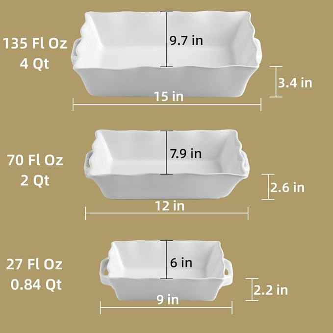 Sweejar Casserole Dishes for Oven, Ceramic Bakeware Set of 3, Rectangular Baking dish with Handles, Wave Edge Lasagna Pan Deep for Cooking, Cake, Dinner, Banquet and Daily Use (Red)