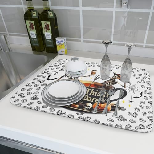 Skull Dead Coffee Dish Drying Pad 18 X 24 in for Halloween Decor (Dead Coffee White / 24" x 18")