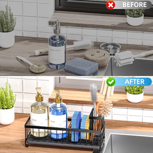 10.62'' Sponge Holder for Kitchen Sink (Black With Stone Tray)