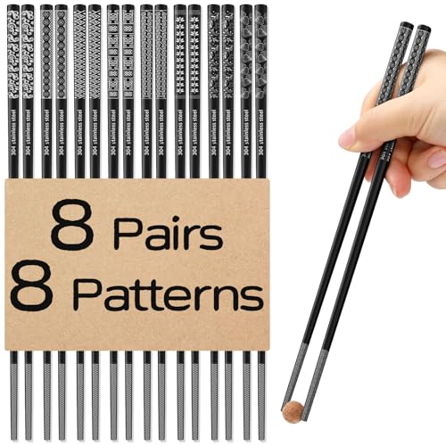 8 Pairs Metal Chopsticks Reusable Black Stainless Steel Chopsticks Set Laser Engraved Non (Black 304 stainless steel)