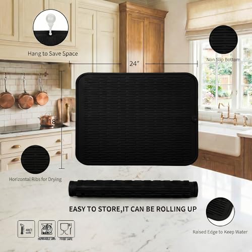 Silicone Dish Drying Mat for Multiple Usage (Black / 24"L x 18"W)