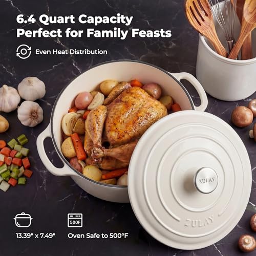 6.4QT Enameled Cast Iron Dutch Oven Pot with Lid (White / 6.4 Quart)