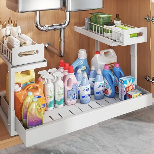 1 Pack-16"-26"W Expandable Under Sink Organizer With Upgrade Ball-Bearing Slide,2-Tier Pull Out Under Cabinet Organizer Height Adjustable,Not Suitable For Cabinets With Partitions In The Middle (1 Pack-16"-26"W / White)