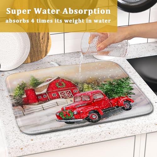 Red Truck Dish Drying Mat Xmas Tree Dish Drainer Rack Mat Winter Microfiber Absorbent Drying Pad for Home Kitchen Counter Decor 16x18 Inch (Xmas Red Truck / 16" x 18")