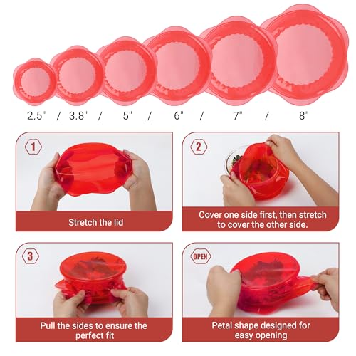 Silicone Stretch Lids for Food Storage in Fridge (6 Pcs Red)