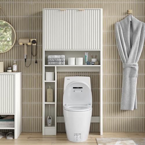 Fluted Over The Toilet Storage Cabinet 31''W Modern Above Toilet Storage Cabinet with Fluted Doors & Adjustable Shelf for Bathroom (White / Fluted Doors Over Toilet Cabinet)