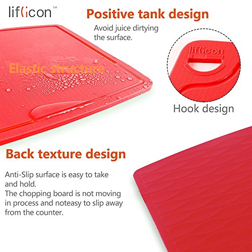 Thick Silicone Cutting Board 12.6'' x 9.1'' Juice Grooves Easy Grip Handle Dishwasher Safe (12.6"L x 9.1"W / Red)
