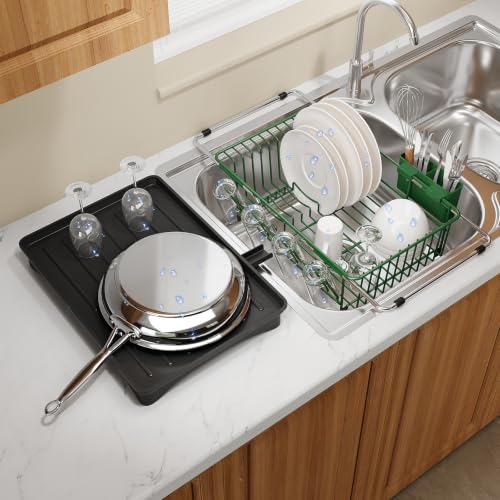 Green Expandable Dish Drying Rack Over Sink with Extra Drainboard (Green / For 11.5"-16" W Sink with Cup Holder & Drainboard)