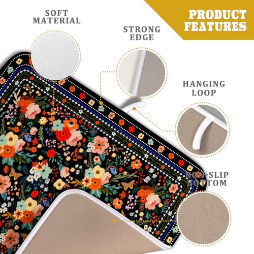 Black Flowers Dish Drying Pad Boho Floral Washable Microfiber Kitchen Mat for Home Decor (Boho Floral Black / 18" x 16")