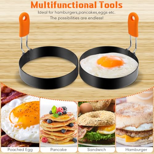 6 Pcs Egg Ring Pancake Ring Set Stainless Steel Fried Egg Molds Griddle Pancake Shapers with Silicone Handle for Breakfast Omelette Sandwich (Assorted Style / 4 inches, 6 inches, 8 inches)