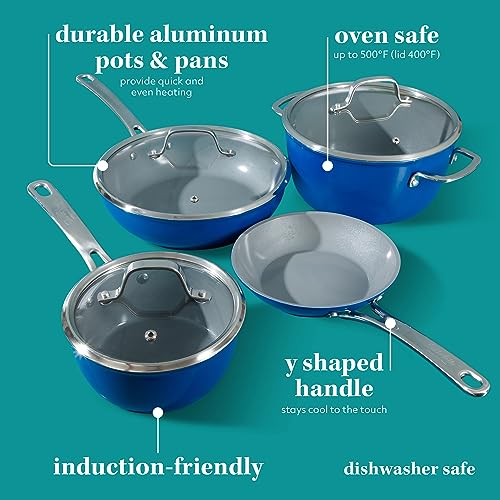 Kitchen Essentials 10 Piece PFA Free Titanium Ceramic Nonstick Interior Forged Aluminum Cookware Pots and Pans Set (Blue / 10-Piece Cookware Set)