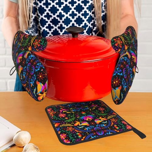 Mexican Floral Oven Mitts and Pot Holders Sets of 3 Colorful Flower (3 Count)