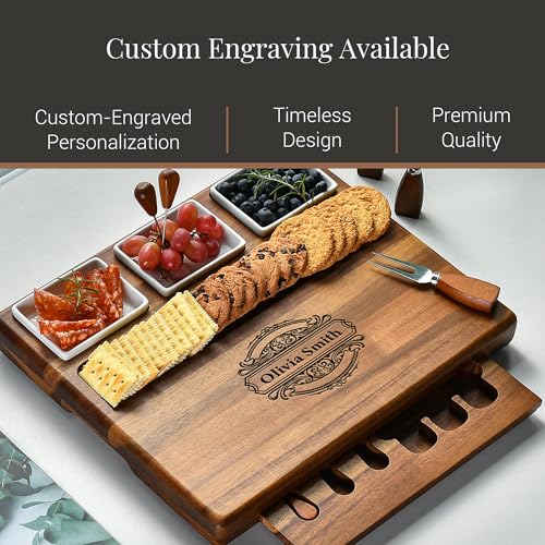 Large Acacia Wood Charcuterie Board Set with 3 Removable Ceramic Bowls & Serving Utensils (16" x 12" x 1.5")