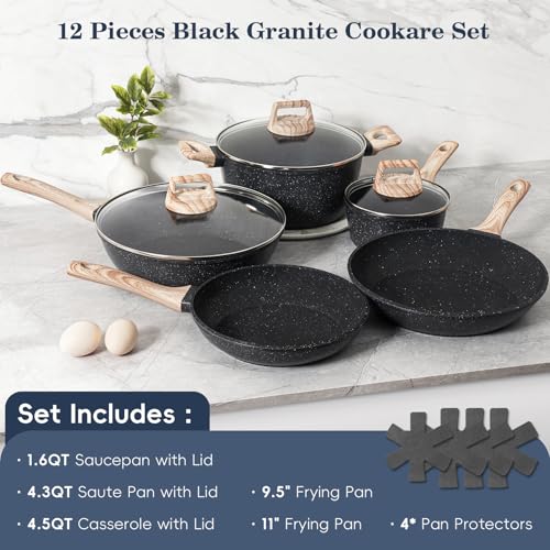 Pots and Pans Set Non Stick (Black / 12 Pieces)