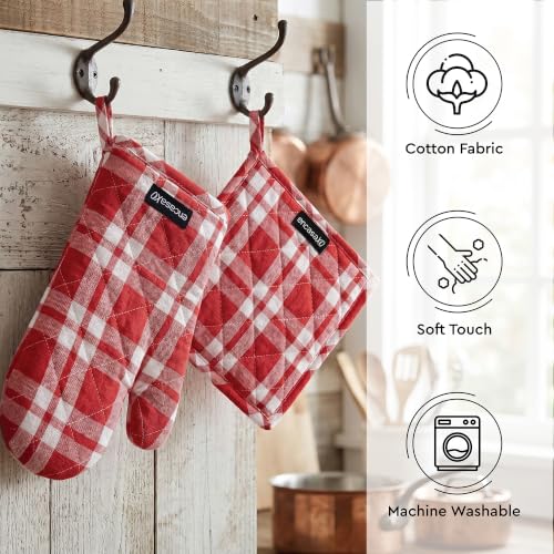Oven Mitts and Pot Holders Set (Oven Glove + Pot Holder / Franca Red Checks)