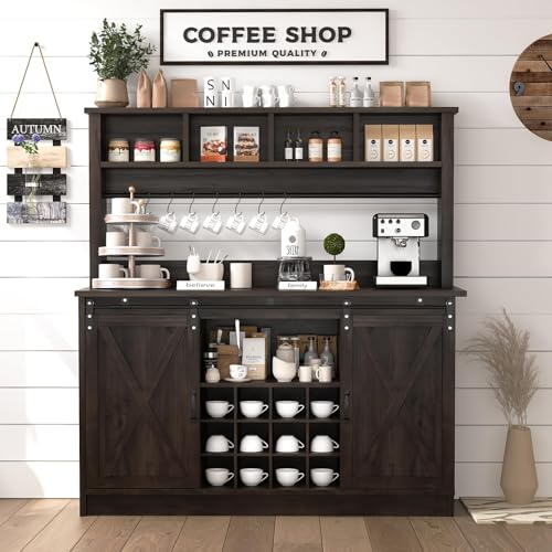 55” Farmhouse Coffee Bar with 4 Tier Storage Hutch (55.1Inch / Dark Oak)