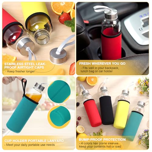 12 Pack Glass Water Bottles with Sleeves (Stylish / Multicolored)