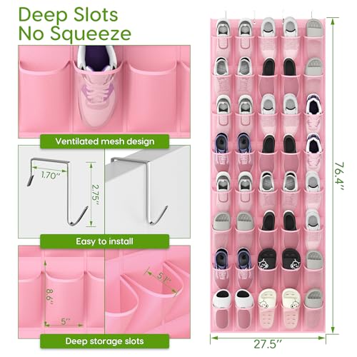 Over the Door Shoe Organizer with 40 Large Breathable Mesh Pockets (Pink / 40 Pockets)