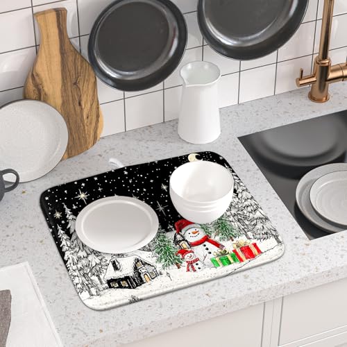 Winter Snowman Dish Drying Mat 18 X 16 in Black Microfiber Dish Pad Absorbent Holiday Kitchen Accessories (Winter Snowman Black / 18" x 16")