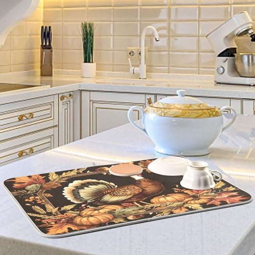 Thanksgiving Turkey Pumpkin Dish Drying Mat for Kitchen Counter Absorbent Microfiber Drying Pad (16" x 18")