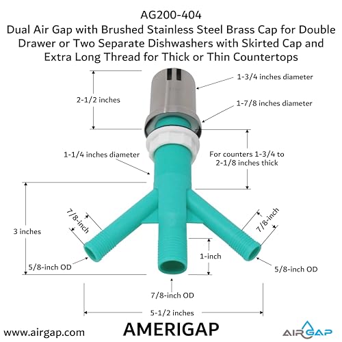 Dual Air Gap with Brushed Stainless Steel Brass Cap for Double Drawer or Two Separate Dishwashers with Skirted Cap and Extra Long Thread for Thick or Thin Countertops (AG200-404)