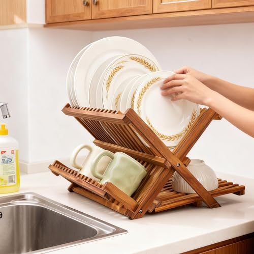 Teak Dish Drying Rack Collapsible