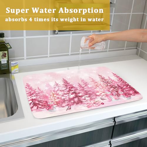 Pink Forest Dish Drying Mat Washable Drying Matt Kitchen Counter (Winter Forest Pink / 24" x 18")