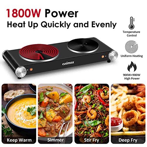 Hot Plate for Cooking 1800W Portable Electric Double Burner Countertop Cooktop Cast Iron Stove Heating Plate with 7 Power Levels Adjustable Temp Control (Black / Double)