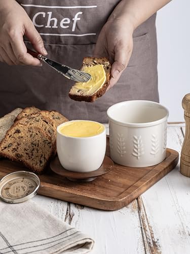 Butter Crock Ceramic Butter Dish with Lid for Countertop (White / Leaf-3.94"dia)
