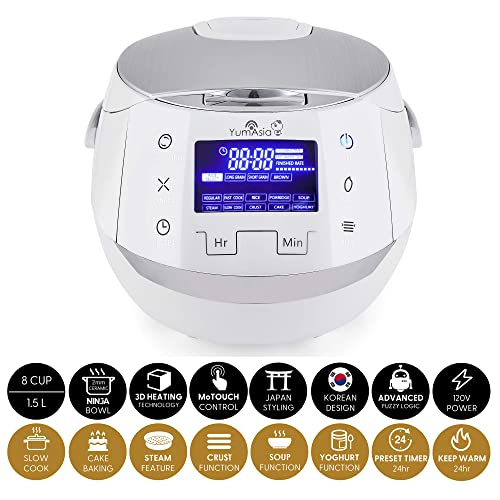 Sakura Rice Cooker with Ceramic Bowl and Advanced Fuzzy Logic (White and Silver)