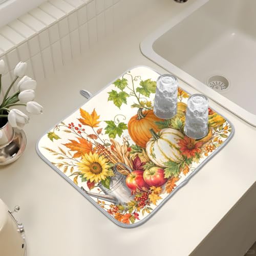 Autumn Fall Harvest Pumpkins Dish Drying Mat for Kitchen Counter Absorbent Microfiber Large Drying Pad Dish mats for Kitchen Countertops 18 x 24 Inch (Thanksgiving Harvest Pumpkins / 24" x 18")