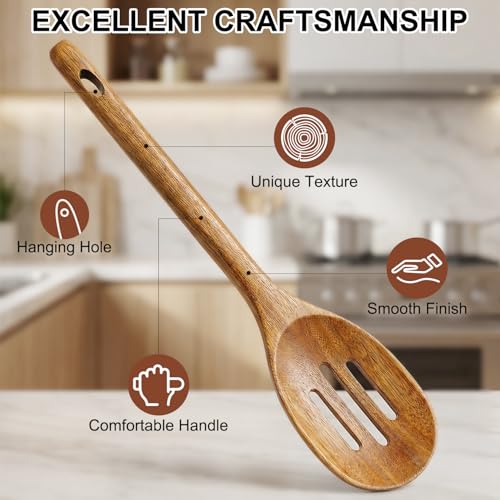 Large Wooden Spoons for Cooking Utensil Set Slotted Spoon Kitchen Spatula (Slotted + Cooking Spoon)