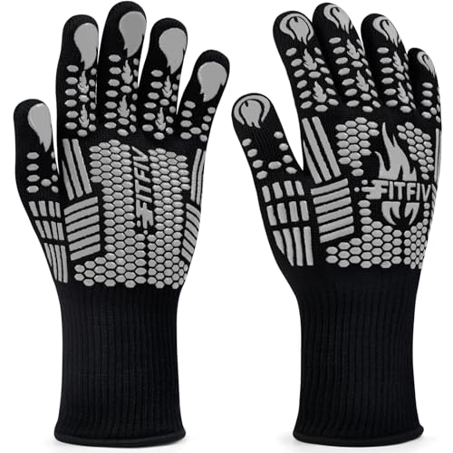 BBQ Gloves 1472°F Heat Resistant with Silicone Grip Oven Mitts (Gray / Long (Glove L 13.78" × Palm W 6.33"))