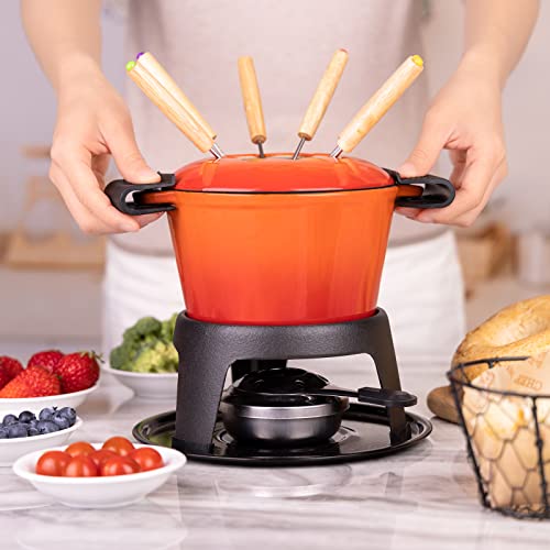 Cast Iron Fondue Pot Set Orange Enameled 1.6 Qt for Cheese (Orange)