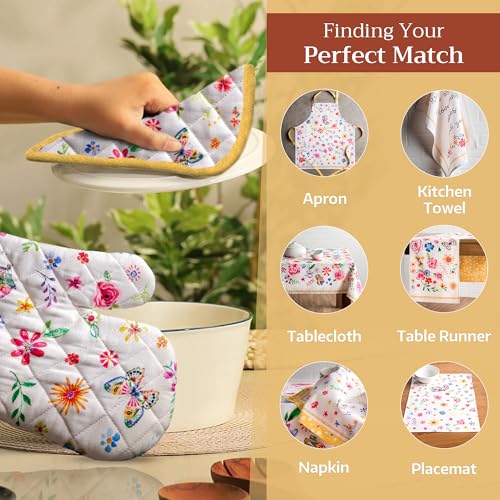 100% Cotton Oven Mitt & Pot Holder Set (034 - Happy Florals - Sweety / 7.5" x 13" & 8" x 8" (Oven Mitt & Pot Holder))