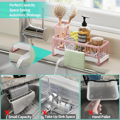 Sponge Holder for Kitchen Sink (Pink / with Dishcloth Holder)