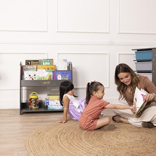 3 Shelf Floor Book Display with Handles and Storage (Grey Wash)