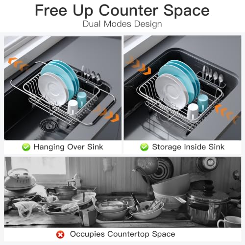 Sink Small Dish Drying Rack with Utensil Holder (Silver / For 10"-12"w Sink)