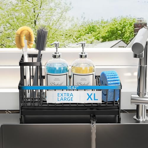 Extra Large Sponge Holder for Kitchen Sink Organizer Caddy (Black)